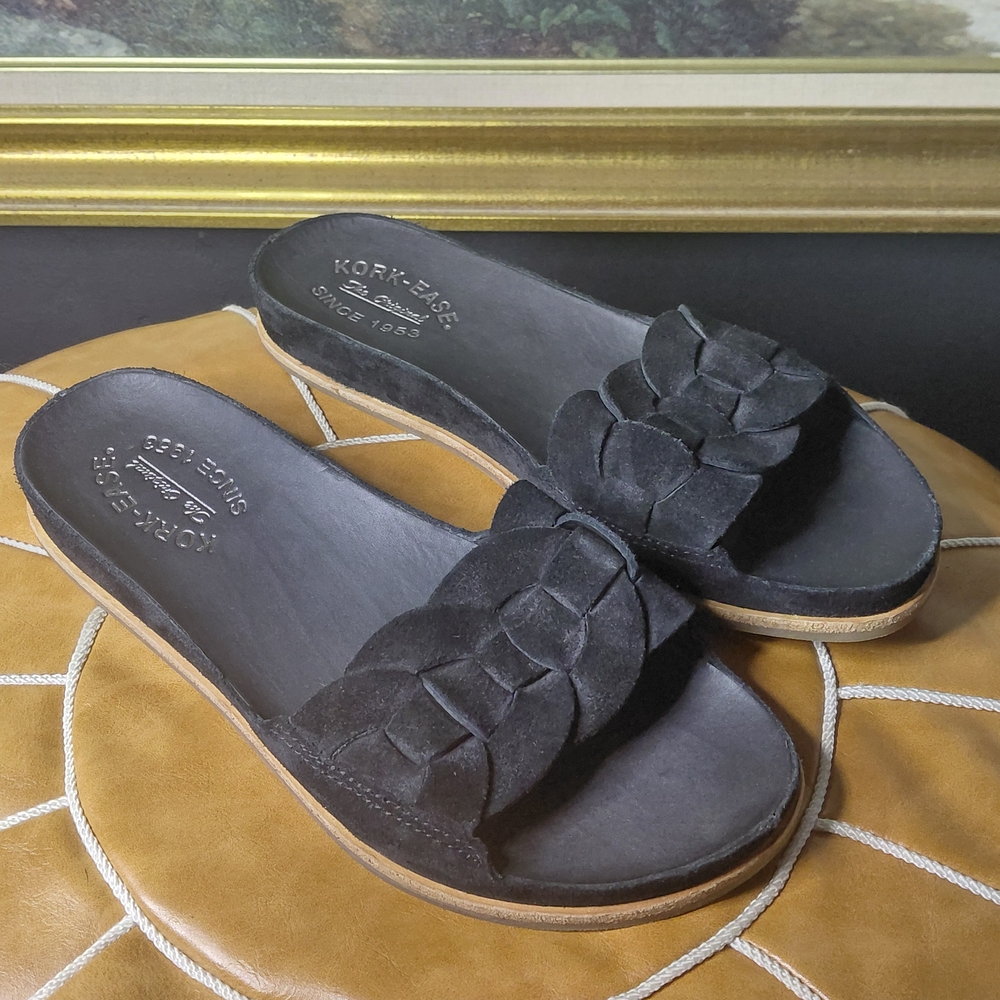 Kork-Ease Dolphin Black Suede Woven Slide Sandals